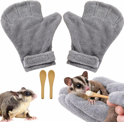 Abel Crafts sugar glider bonding mitts and mini feeding spoons front view for small pet care.