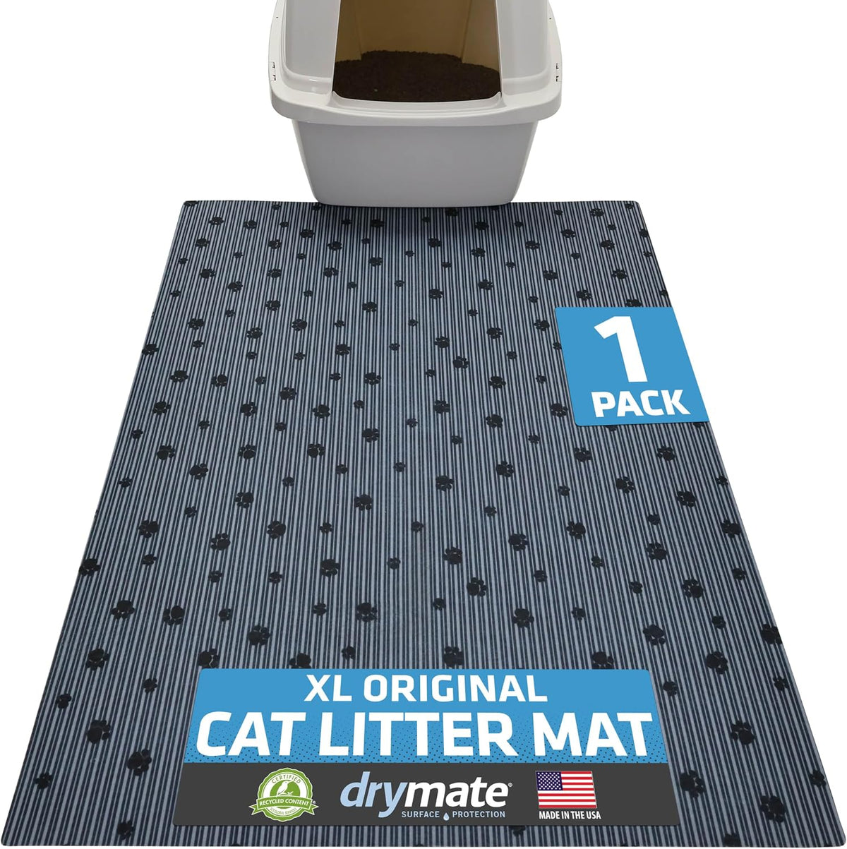 Drymate Original Cat Litter Mat front view showing grey stripe pattern and black paw prints near a litter box.