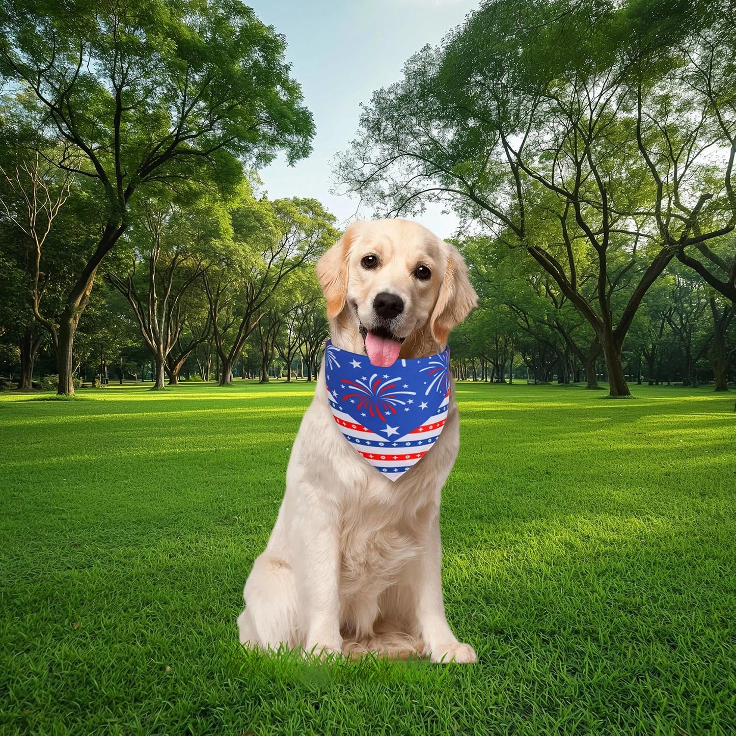 Small dog wearing WoffBow patriotic tie-on bandana