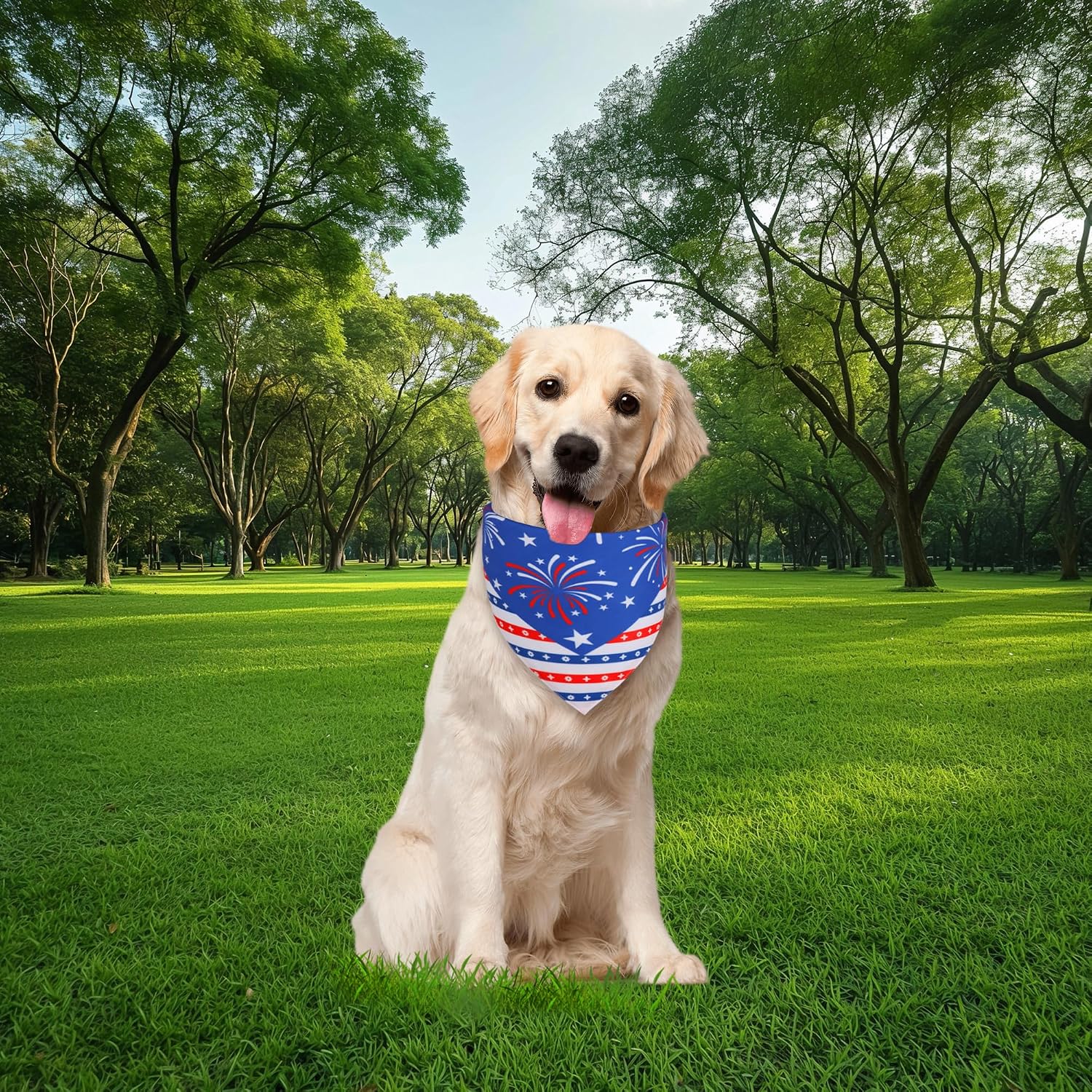 Small dog wearing WoffBow patriotic tie-on bandana