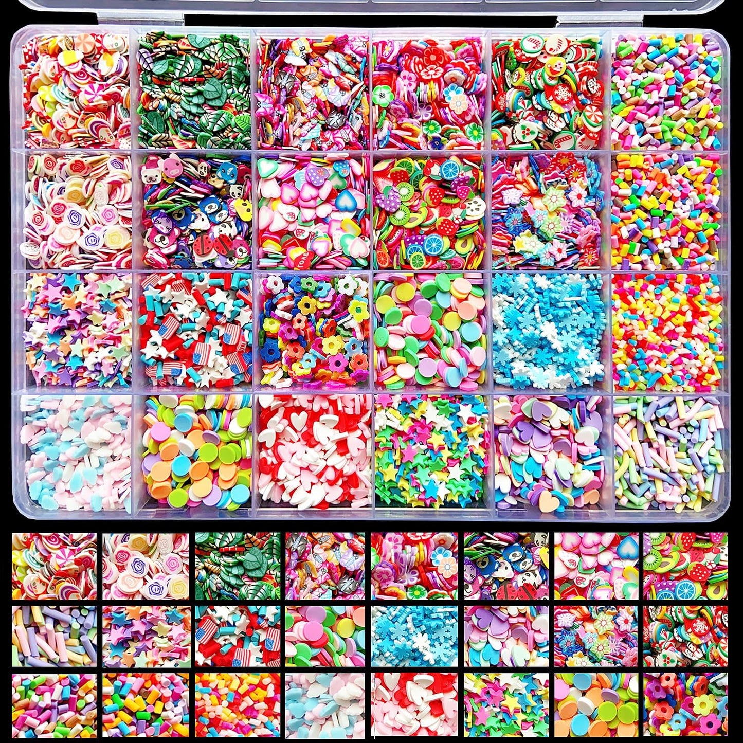 EHOPE fake sprinkles fruit clay slices kit front view showing 24 styles of colorful polymer clay nail art supplies