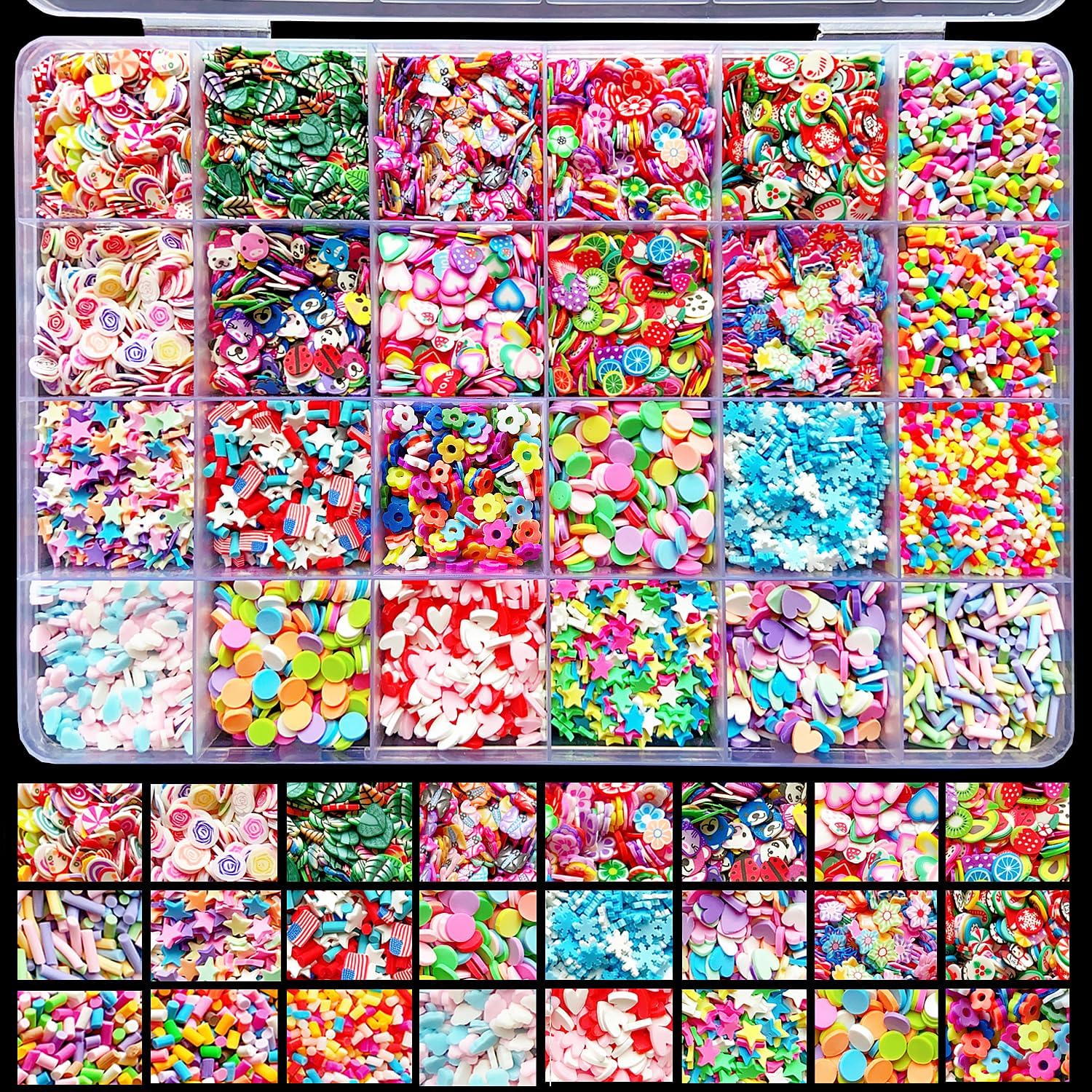 EHOPE fake sprinkles fruit clay slices kit front view showing 24 styles of colorful polymer clay nail art supplies