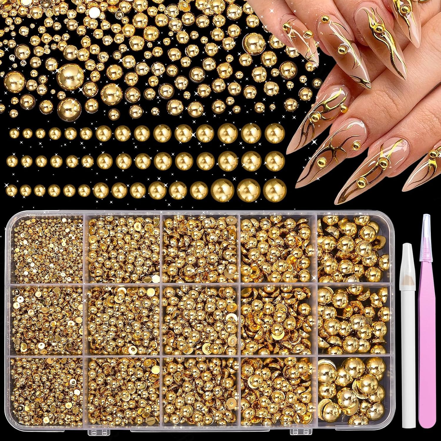 Anower gold half flatback pearl nail charms set in storage box