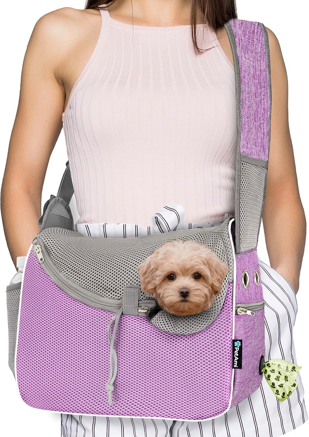 PetAmi Dog Sling Carrier for Small Dogs Under 10 lbs, Hands Free Crossbody Puppy Cat Carrier for Travel with Breathable Mesh, Padded Strap, Removable Sherpa Bed, Pockets & Poop Bag Dispenser, Pink - Image 10