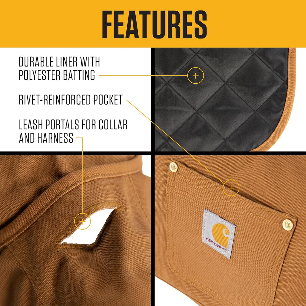 Close-up of the corduroy collar and leash access vent on the Carhartt brown dog coat.