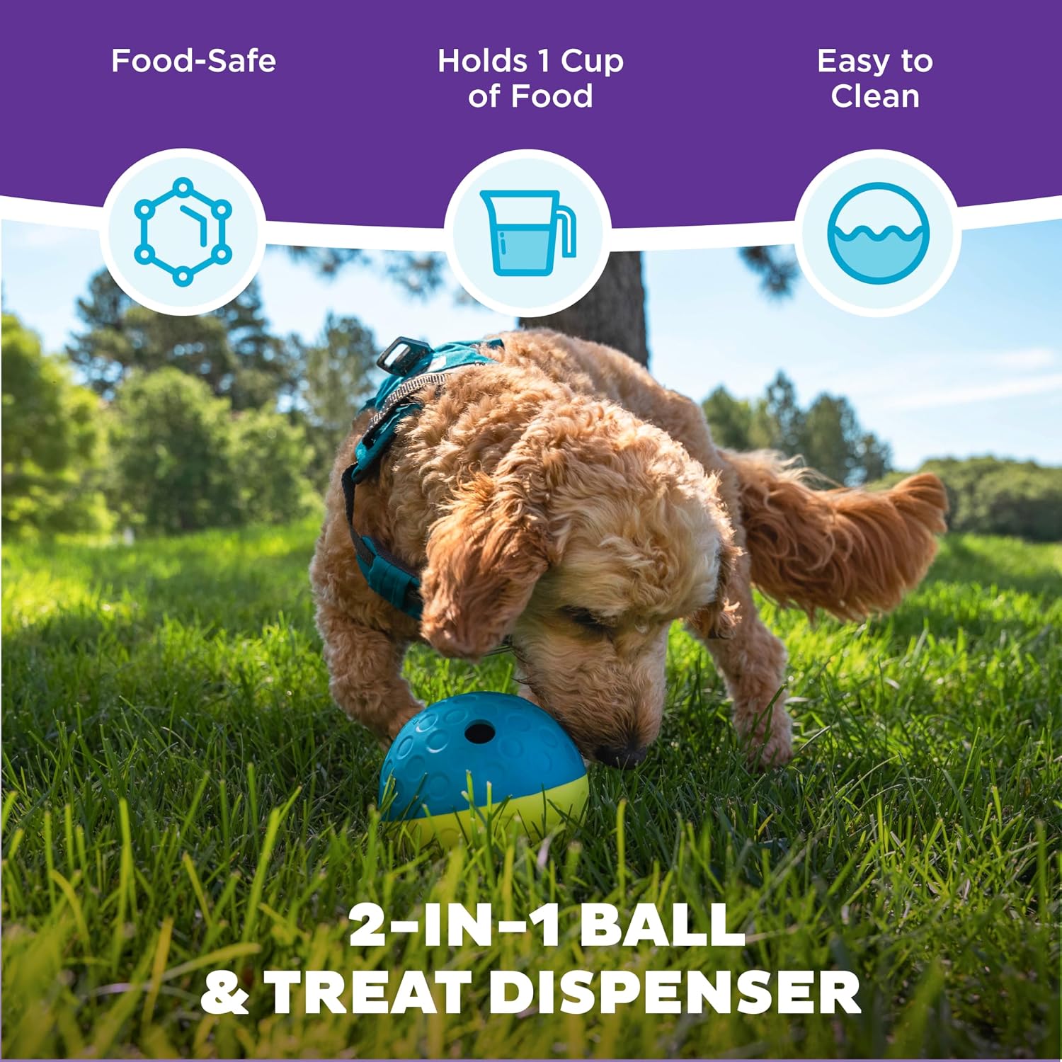 Blue and green interactive treat dispensing dog toy rolling on floor
