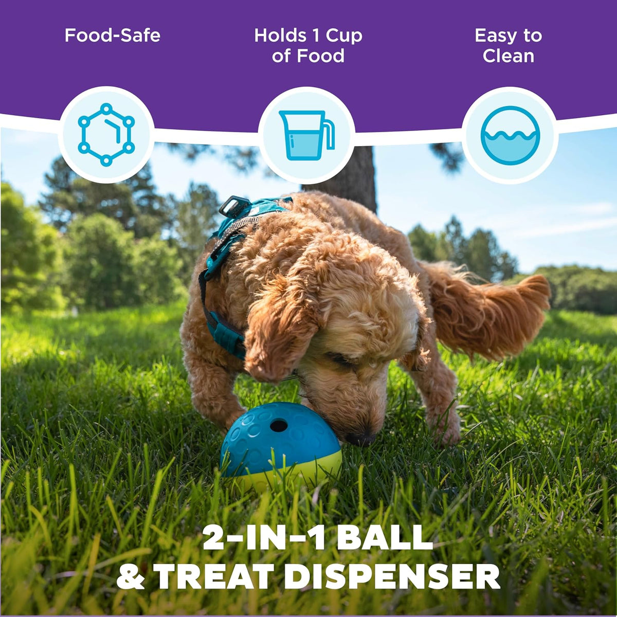 Blue and green interactive treat dispensing dog toy rolling on floor