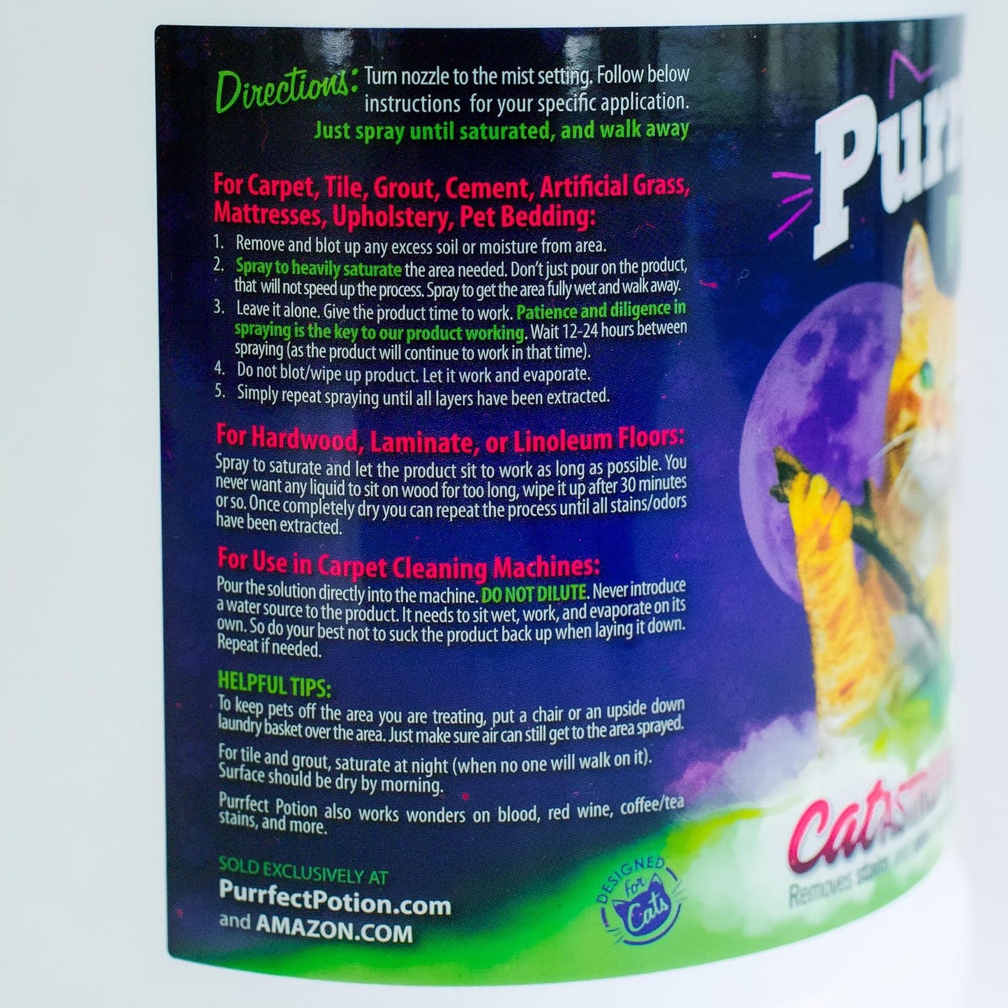 Purrfect Potion pet stain remover spray bottle angled view highlighting the spray nozzle mechanism.