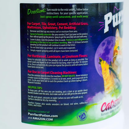 Purrfect Potion pet stain remover spray bottle angled view highlighting the spray nozzle mechanism.