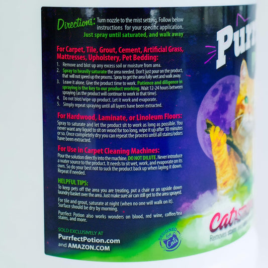 Purrfect Potion pet stain remover spray bottle angled view highlighting the spray nozzle mechanism.