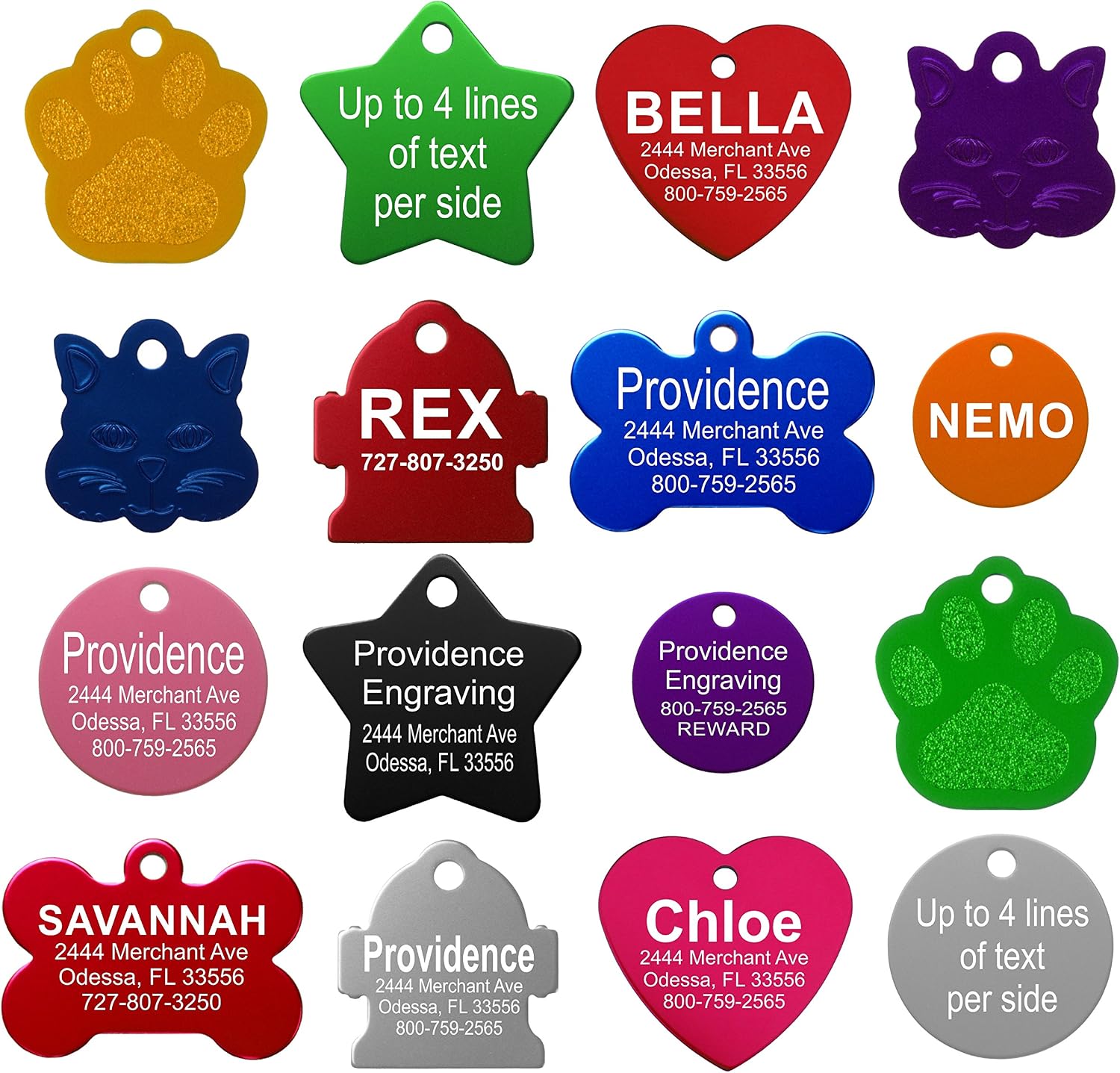 Providence Engraving personalized pet ID tags front view durable aluminum dog tags
