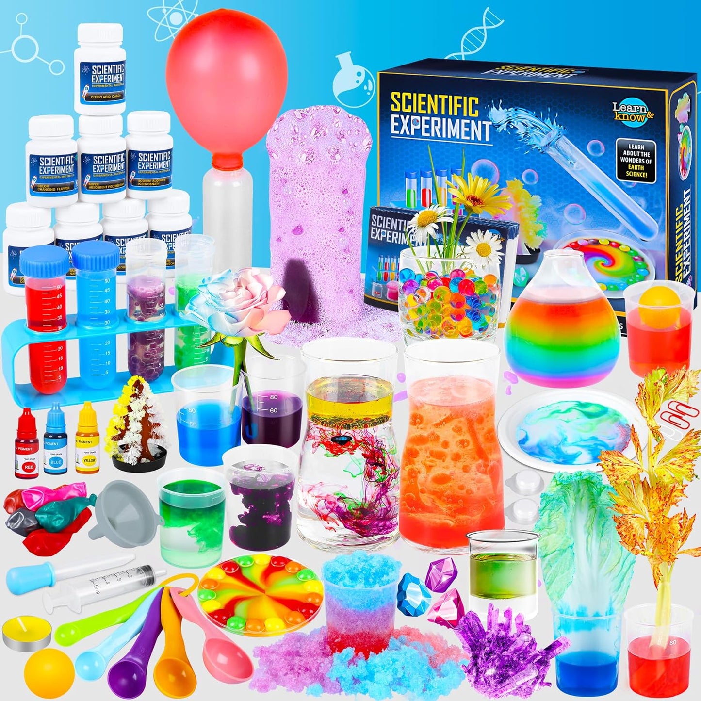 Kuovei Science Kit for Kids front view showing lab coat, safety goggles, and colorful experiment tools.