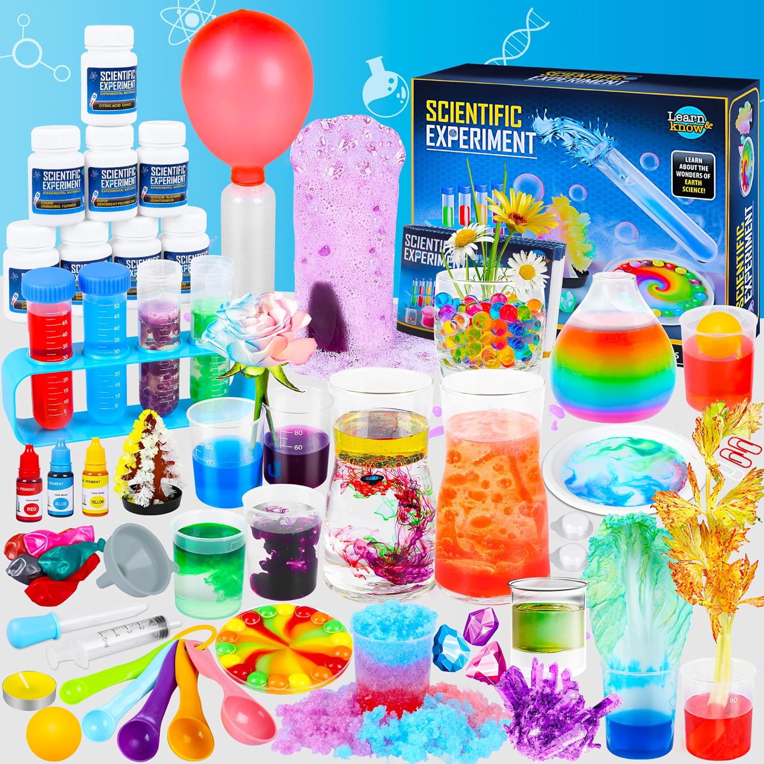 Kuovei Science Kit for Kids front view showing lab coat, safety goggles, and colorful experiment tools.