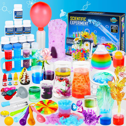 Kuovei Science Kit for Kids front view showing lab coat, safety goggles, and colorful experiment tools.