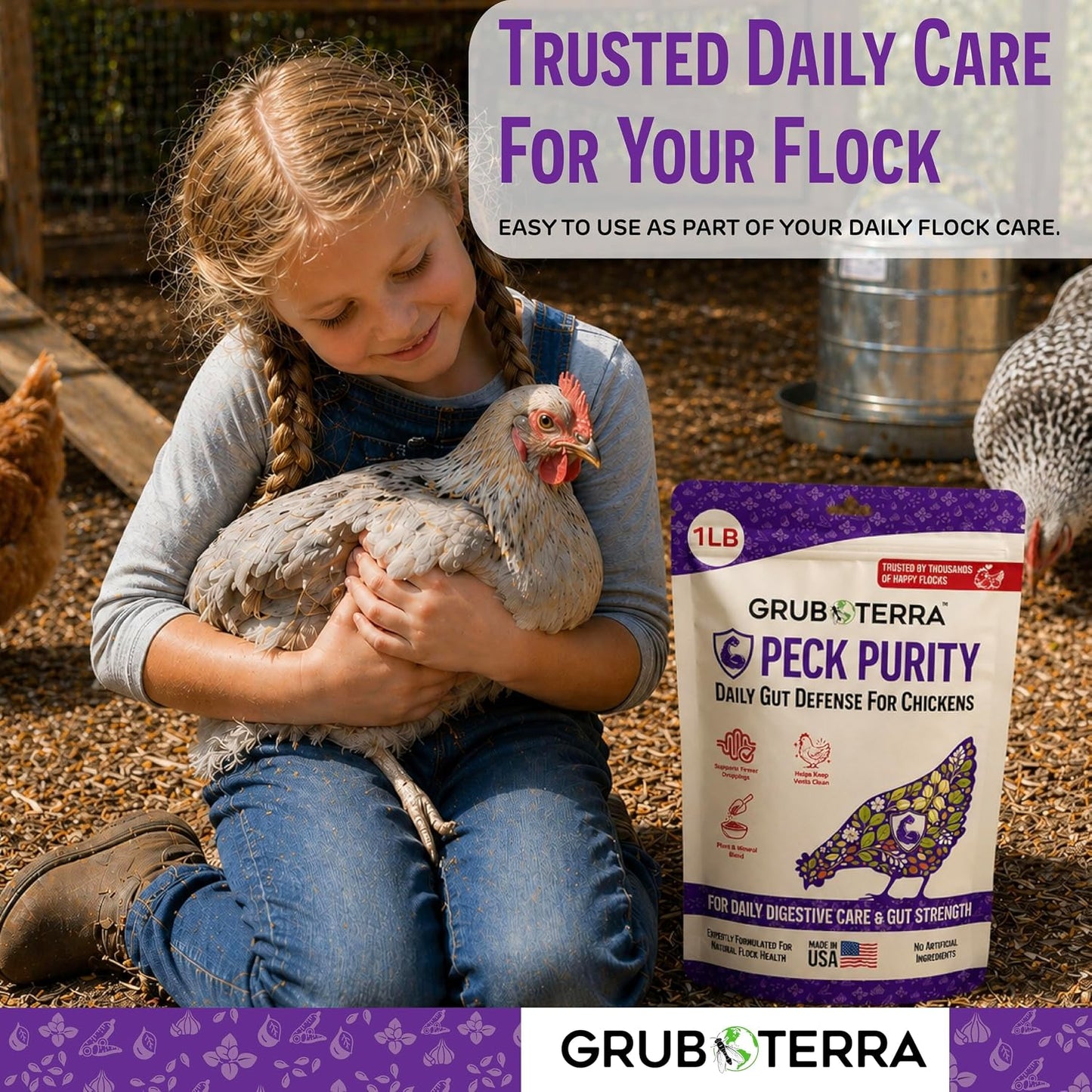 GrubTerra PeckPurity one pound bag close up emphasizing safe for eggs logo