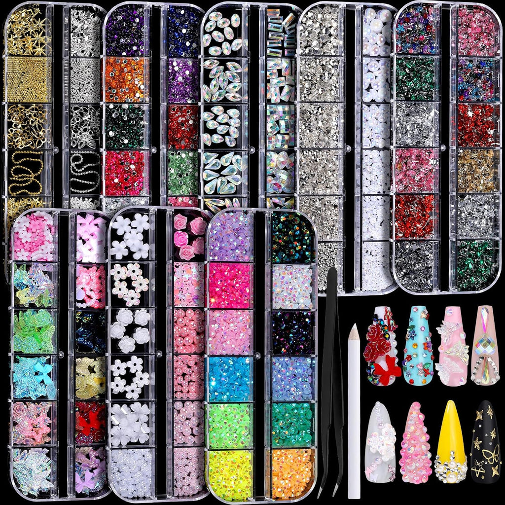 Fandamei nail charms and rhinestones kit front view with 8 boxes