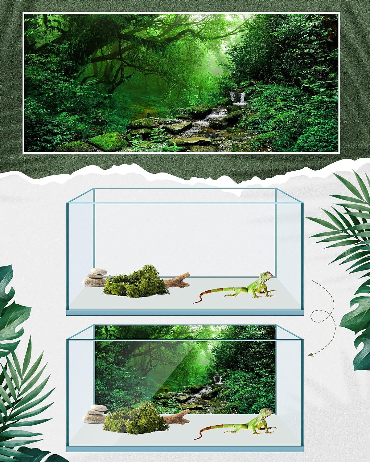 Breling terrarium background kit highlighting the lush green tropical rainforest theme layout.