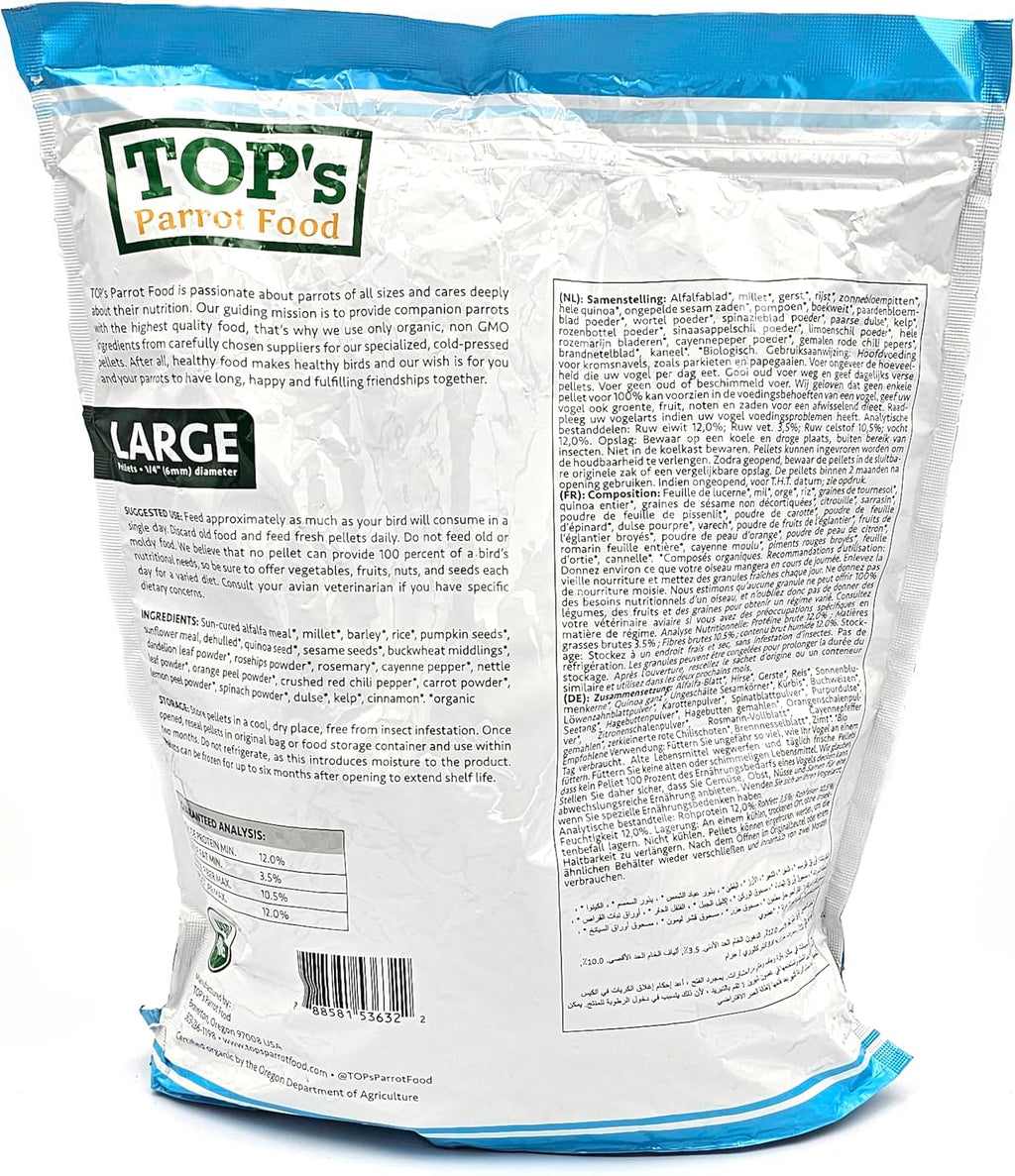 Resealable packaging of authentic USA imported parrot food.