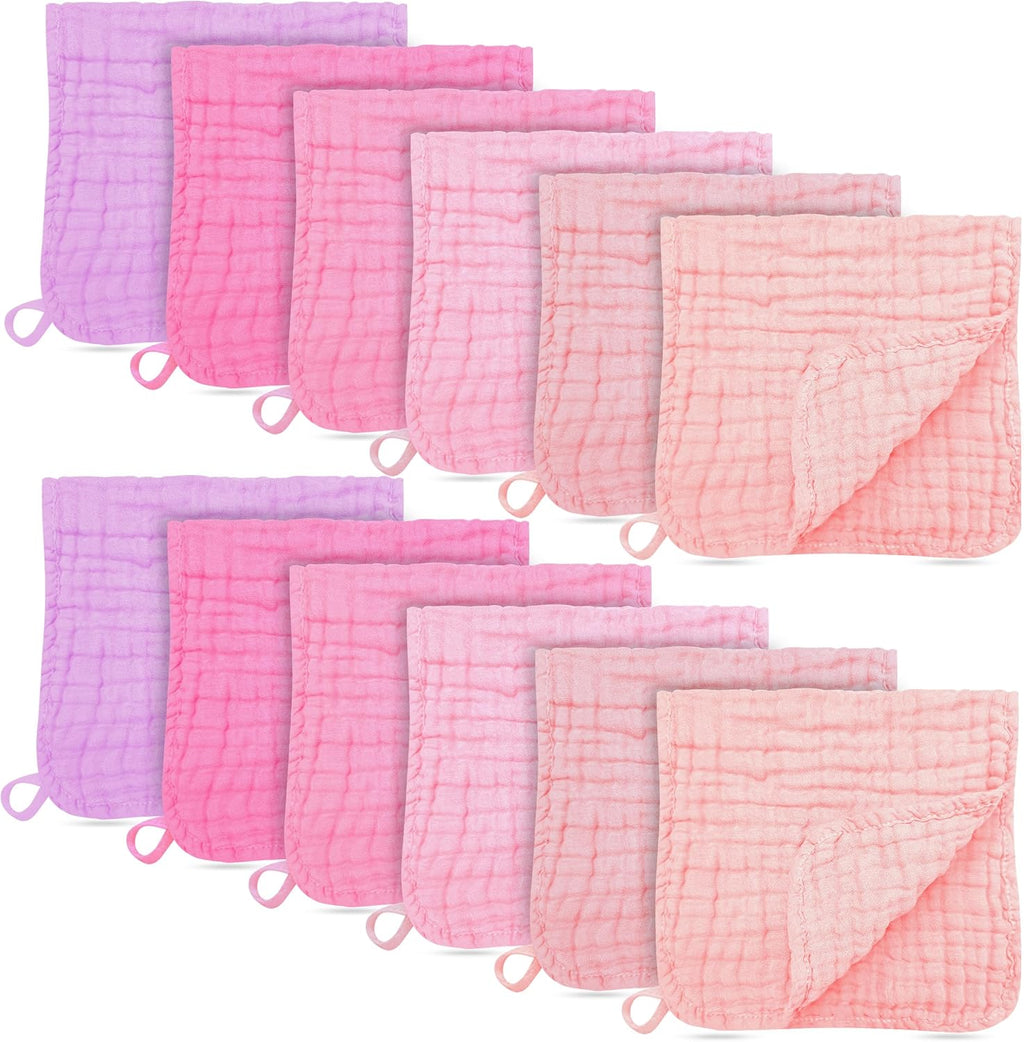 Bamboo Queen Muslin Burp Cloths front view showing 12 pack folded neatly in Sakura series pink and purple shades.