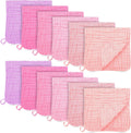 Bamboo Queen Muslin Burp Cloths front view showing 12 pack folded neatly in Sakura series pink and purple shades.