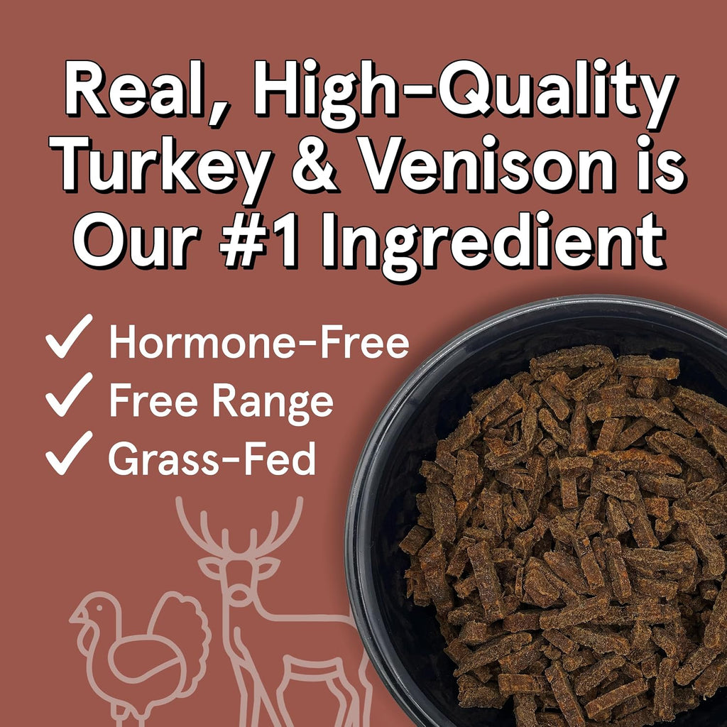 Real Meat 5 ounce Turkey and Venison pet food packaging back label showing premium ingredients