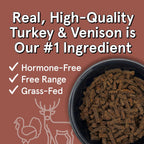 Real Meat 5 ounce Turkey and Venison pet food packaging back label showing premium ingredients