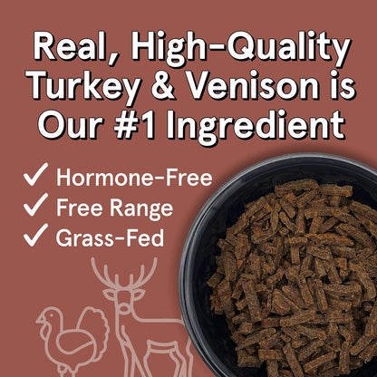 Real Meat 5 ounce Turkey and Venison pet food packaging back label showing premium ingredients