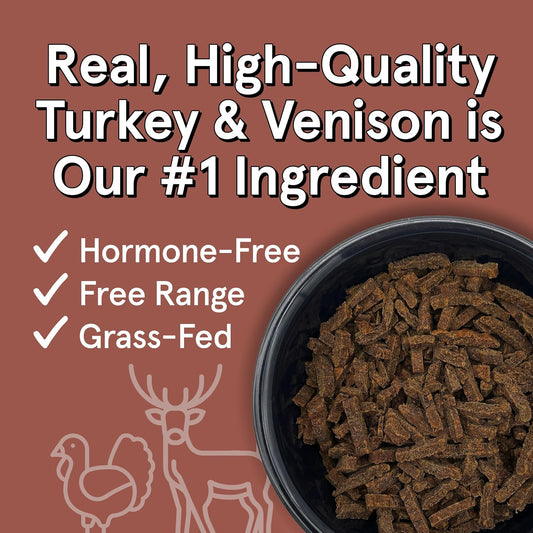 Real Meat 5 ounce Turkey and Venison pet food packaging back label showing premium ingredients