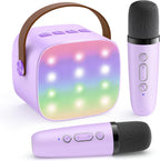 YLL kids karaoke machine purple front view showing mini speaker and two wireless microphones