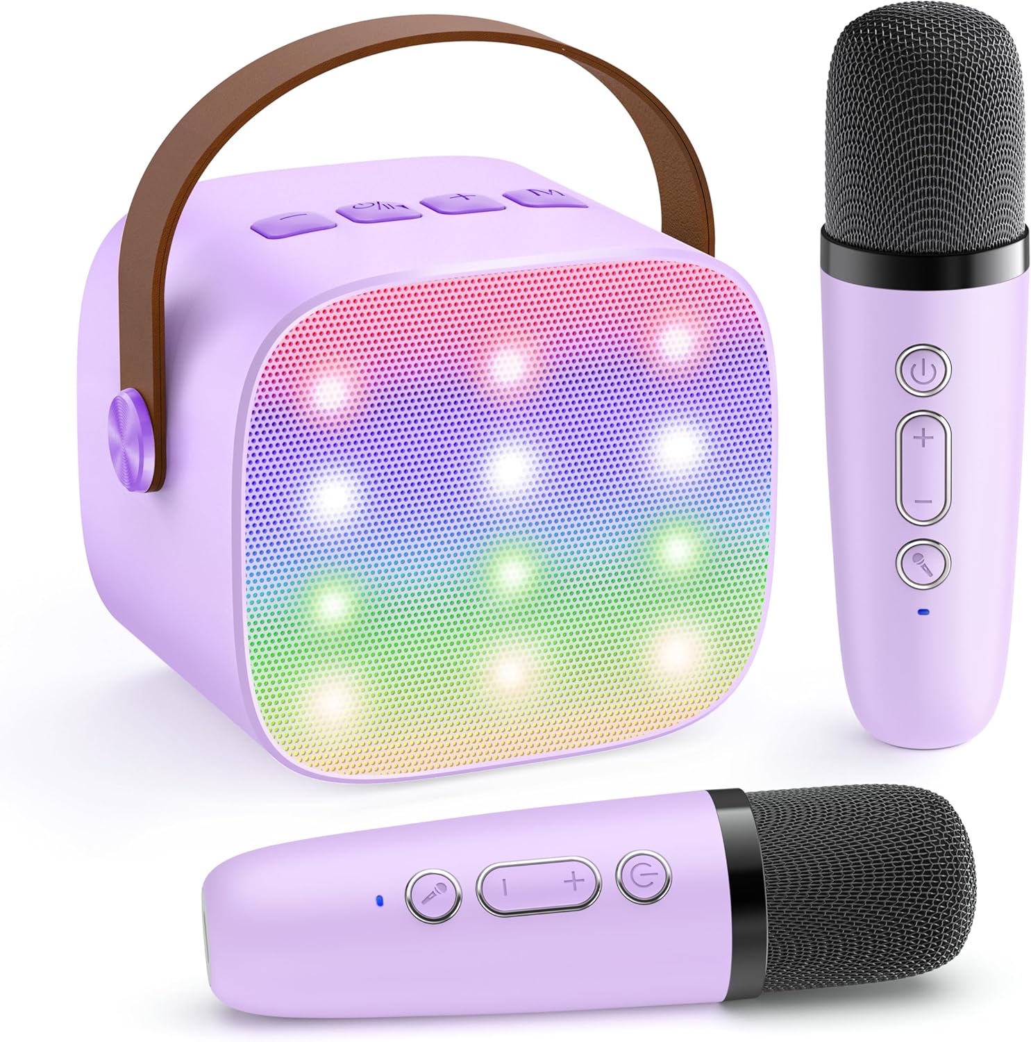 YLL kids karaoke machine purple front view showing mini speaker and two wireless microphones