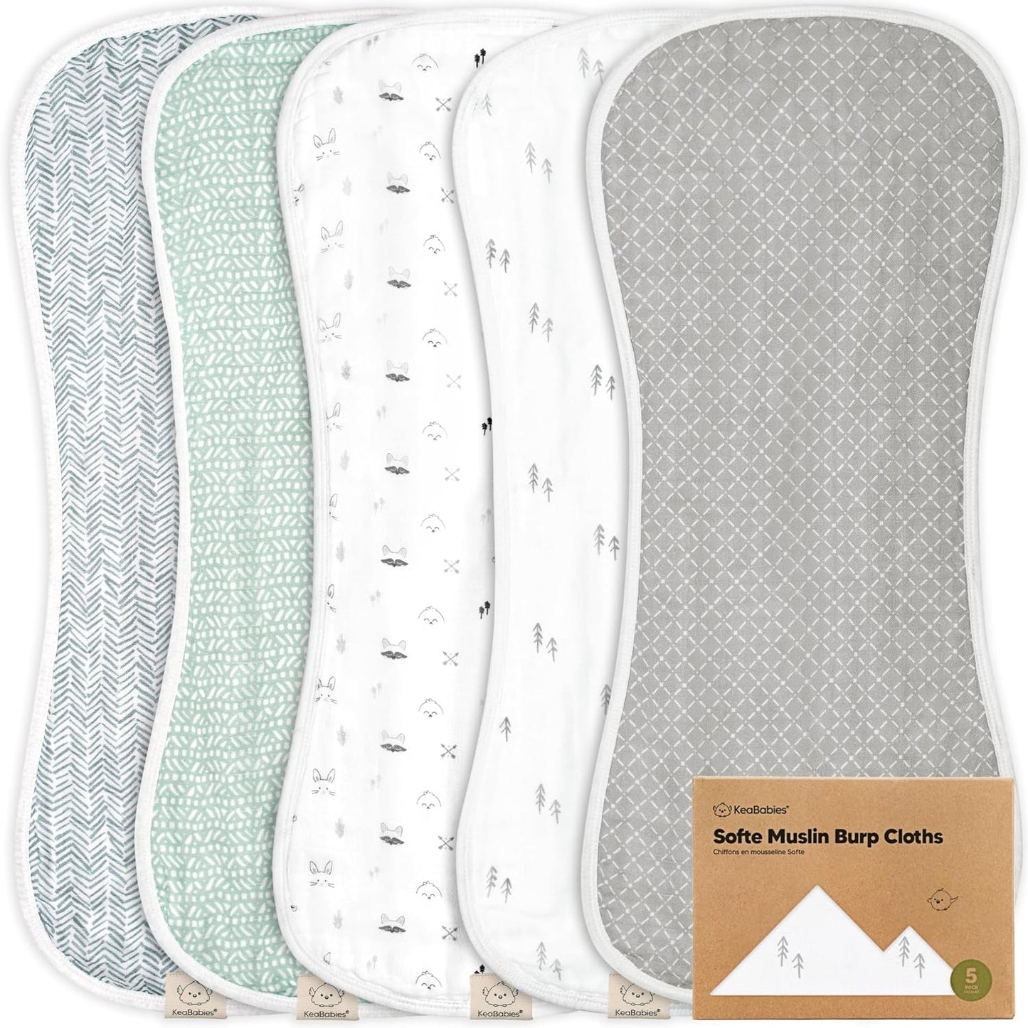 KeaBabies 5-Pack organic muslin burp cloths in Nordic pattern