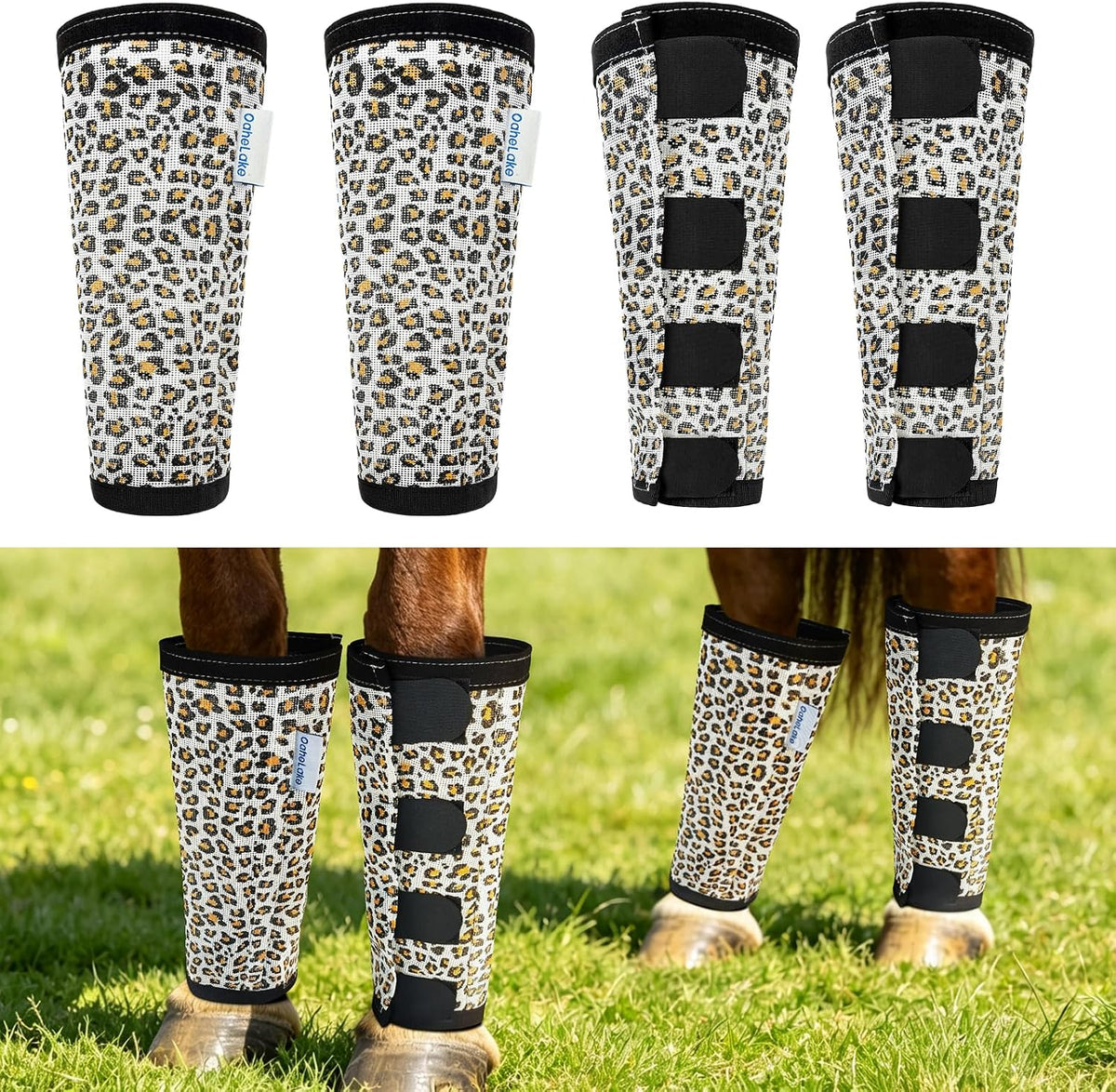OAHELAKE leopard print horse fly boots front view on horse legs