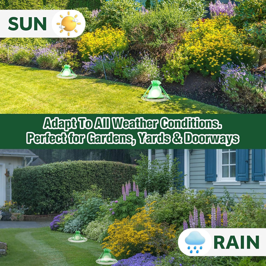 Citrus essential oil cat deterrent balls showing weather resistant deployment in flower beds