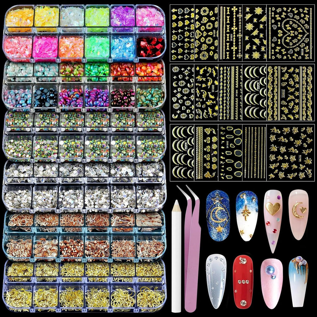 Artdone nail art studs kit front view showing 6 boxes and sticker sheets