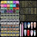 Artdone nail art studs kit front view showing 6 boxes and sticker sheets