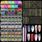 Artdone nail art studs kit front view showing 6 boxes and sticker sheets