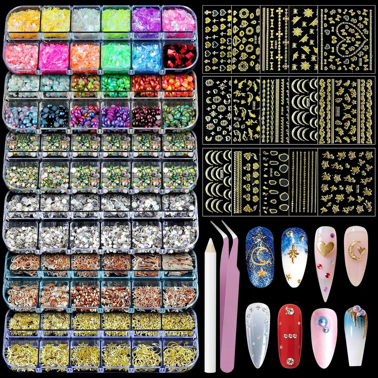 Artdone Nail Art Studs Kit front view with charms and stickers