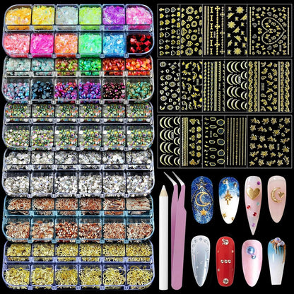 Artdone Nail Art Studs Kit front view with charms and stickers