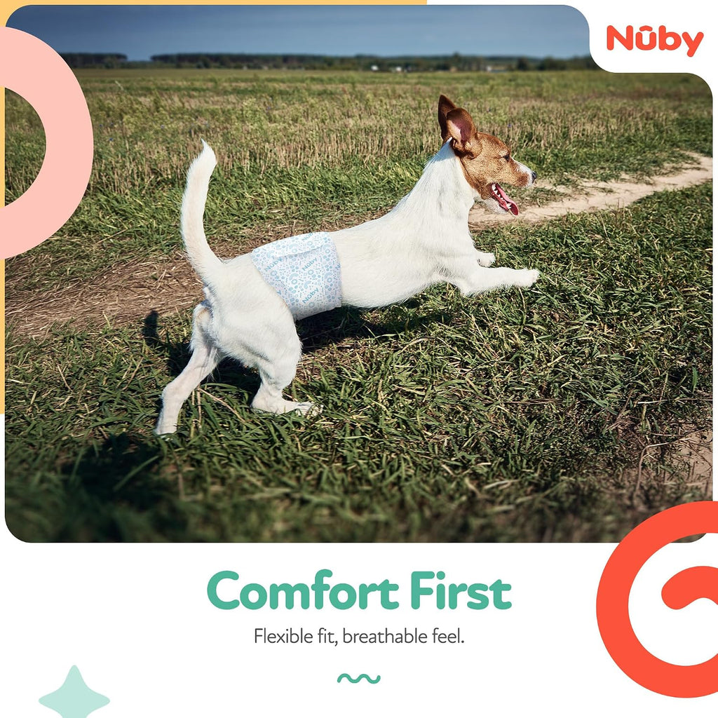 Wetness indicator strip on Nuby Pets male dog wraps changing color when wet.