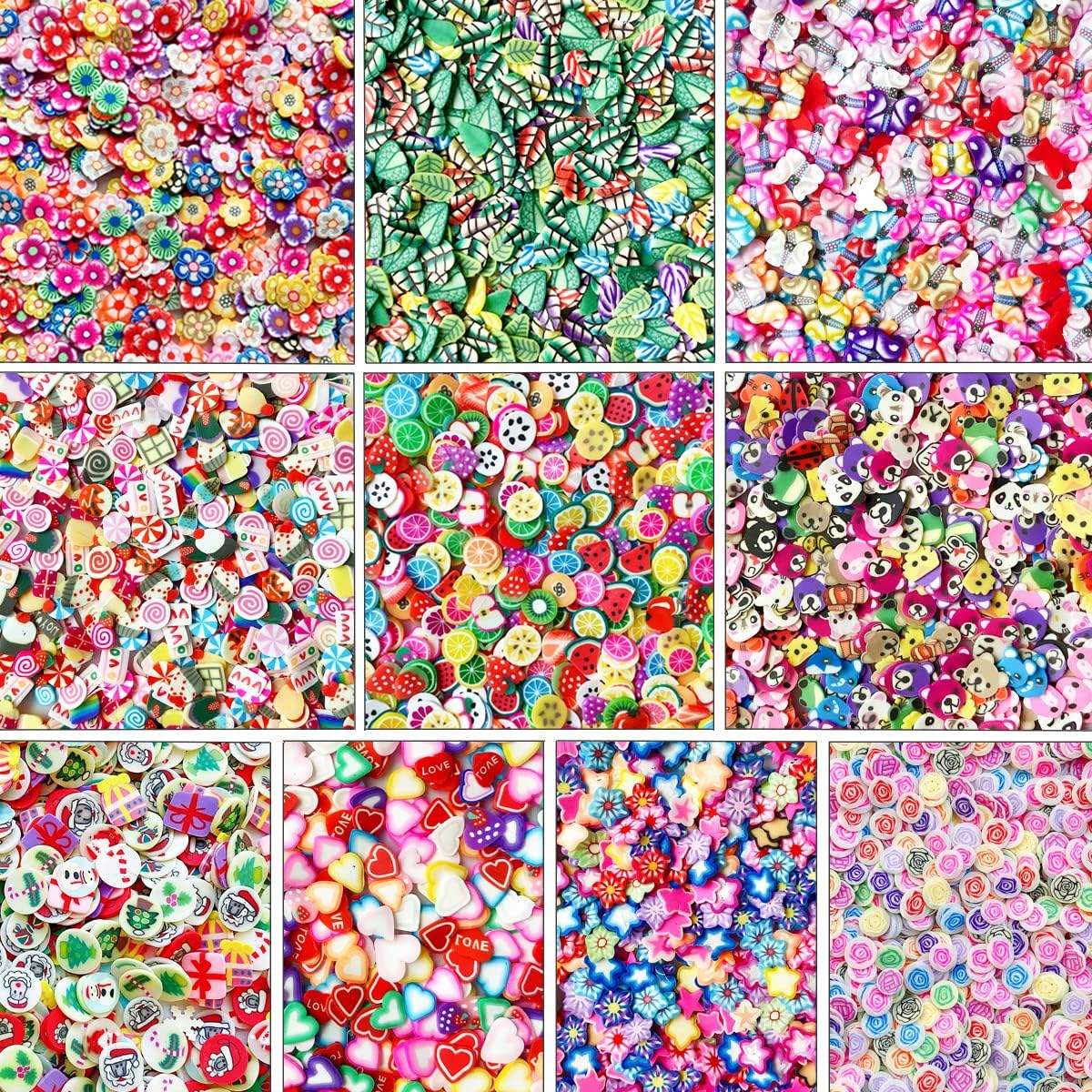 EHOPE 10000 Pieces 3D Polymer Nail Art Slices front view showcasing various colorful fruit and flower designs.