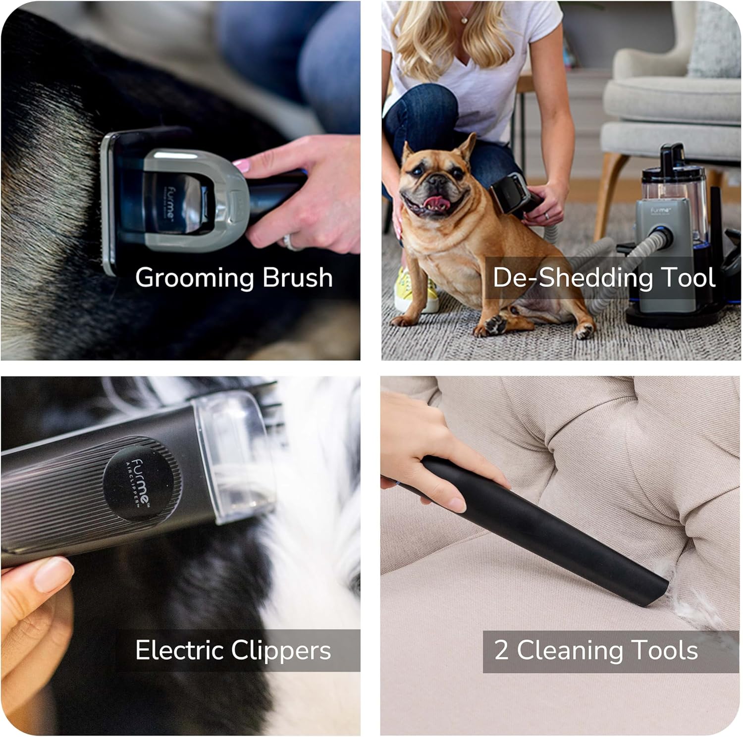 Authentic FURME dog hair remover vacuum showing the five interchangeable grooming attachments