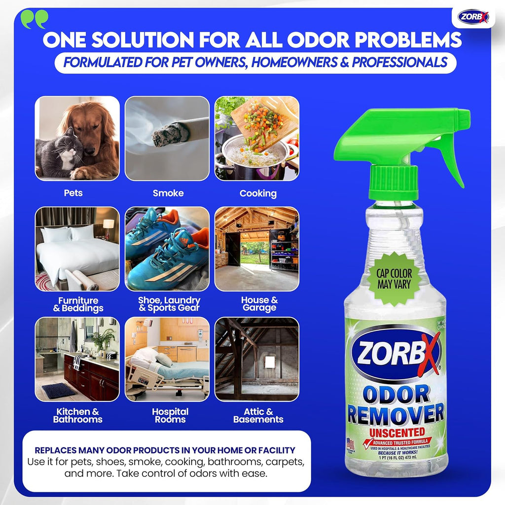 ZORBX fast acting fragrance free odor neutralizer spray being used on carpet