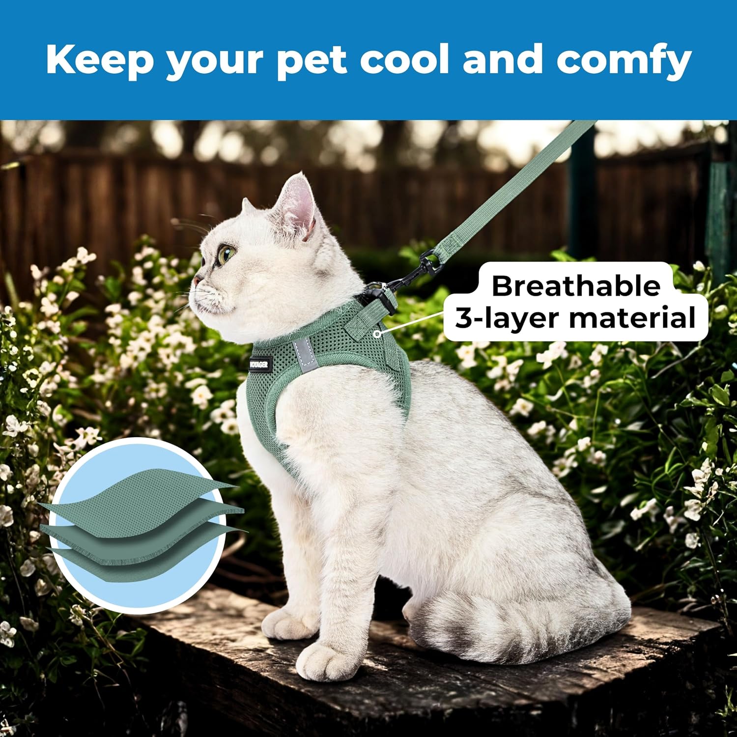 All weather breathable mesh pet walking harness for cats and dogs