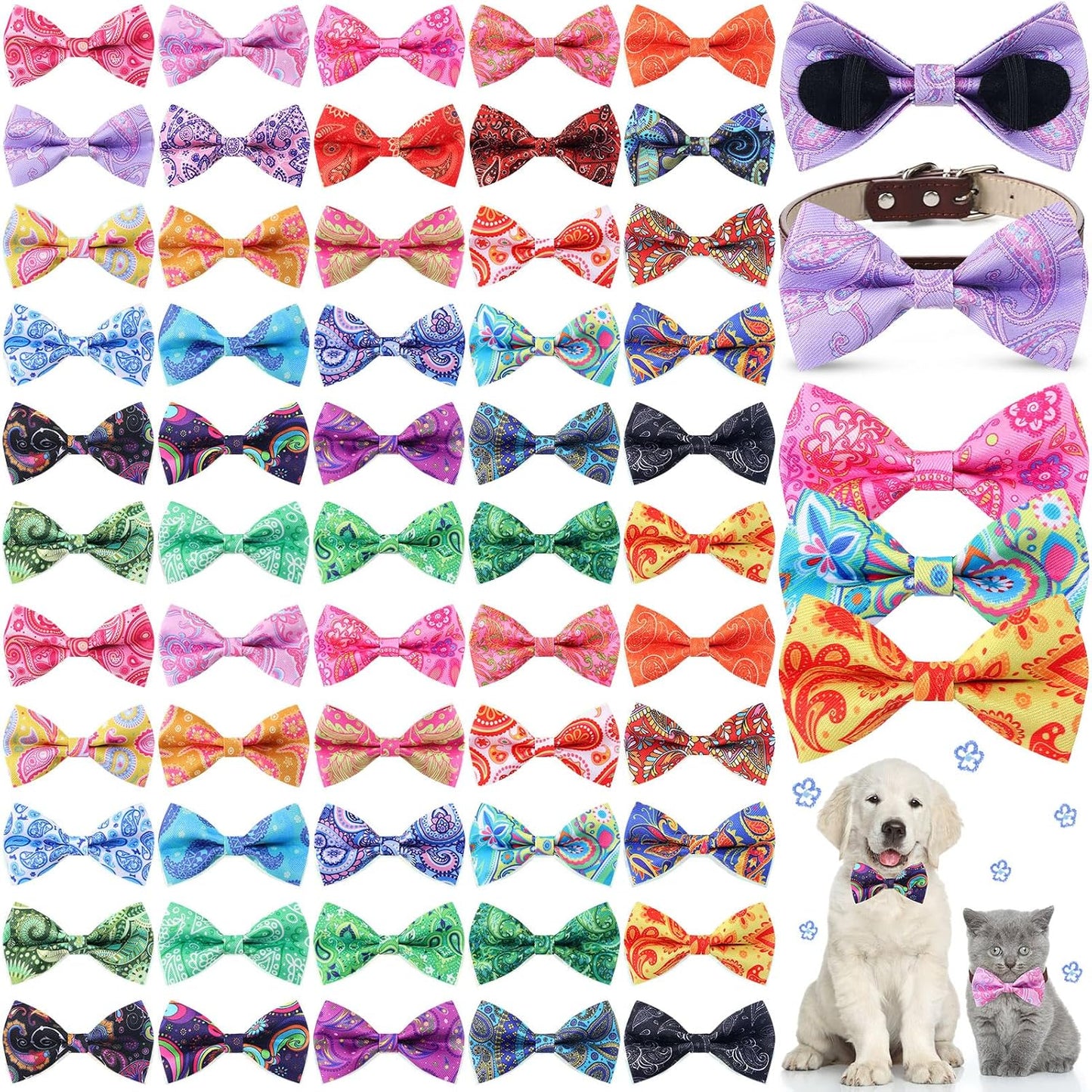Sanwuta 60 Pieces Paisley Dog Collar Bow Ties bulk pack displayed in multiple colors front view