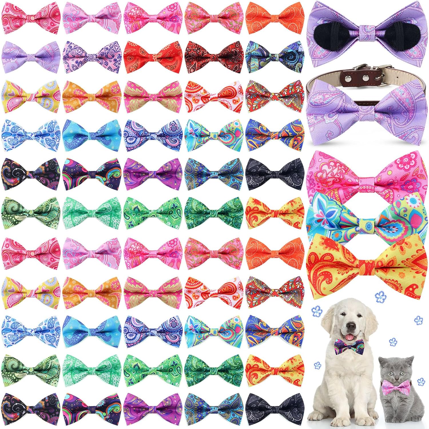 Sanwuta 60 Pieces Paisley Dog Collar Bow Ties bulk pack displayed in multiple colors front view