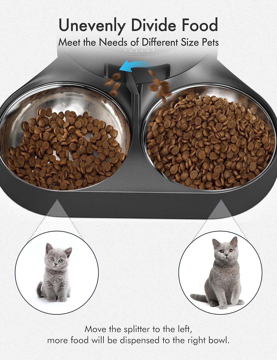 Detached stainless steel pet bowls next to the black splitter base showing easy cleaning design.