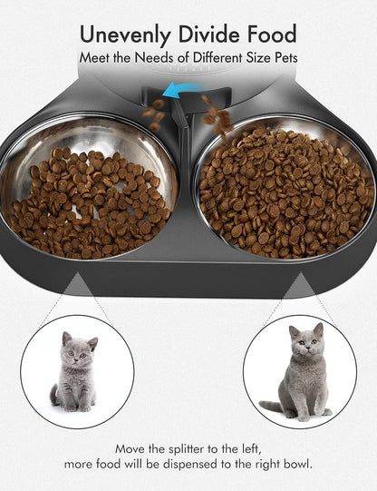 Detached stainless steel pet bowls next to the black splitter base showing easy cleaning design.