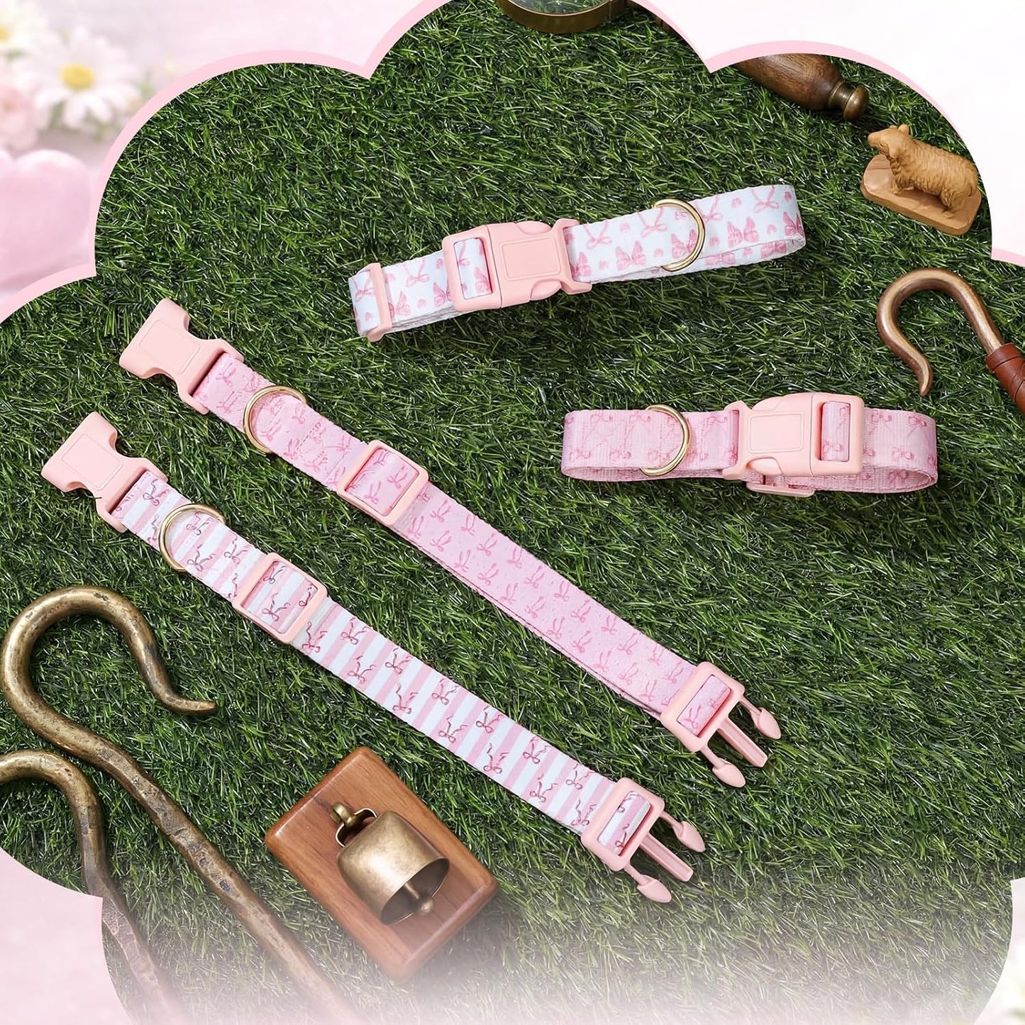 Side view of the patterned pink nylon tracking collar highlighting the fade-resistant fabric texture.