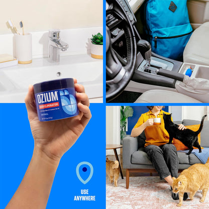 Ozium four point five ounce solid gel freshener side view detailing ingredients