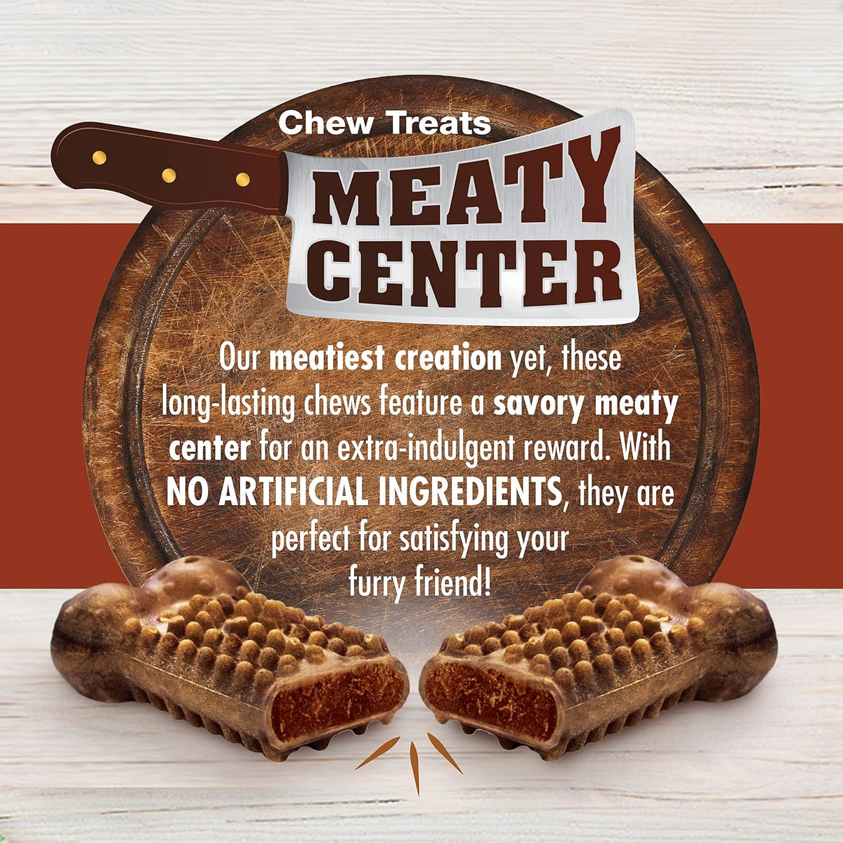 Close up of Nylabone beef flavor meaty center dog treat texture